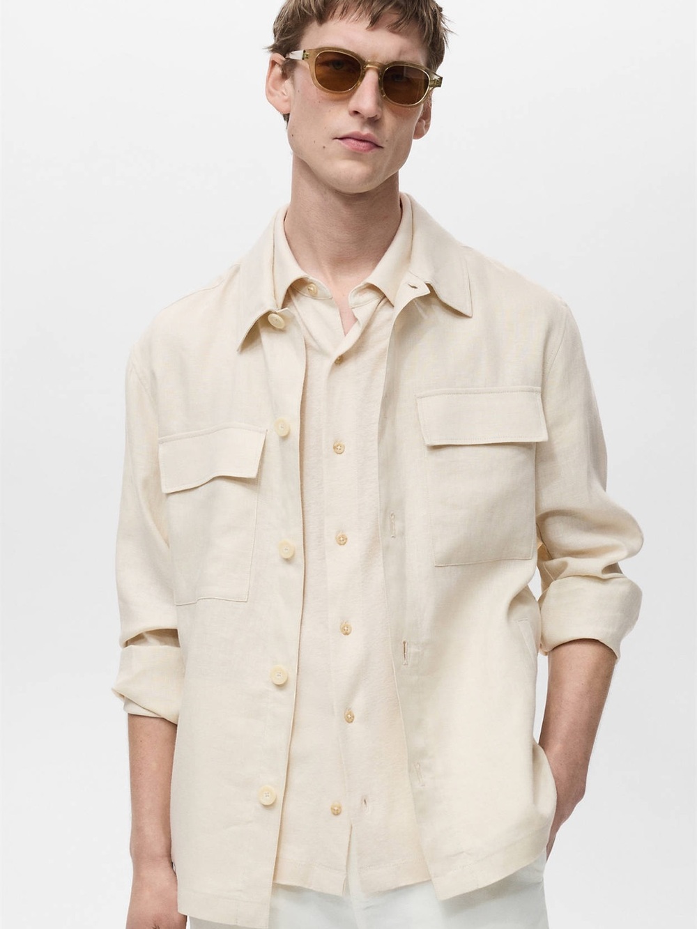 42. Mango • NWOT $140 US Linen Men's Overshirt Jacket in Cream